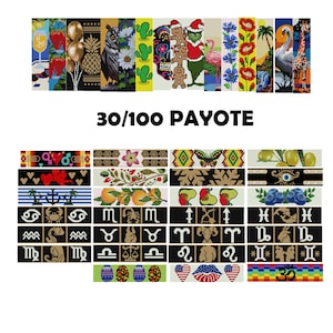 May include: A collection of 30/100 peyote stitch beading patterns featuring various designs, including a pineapple, a skull, a Christmas tree, a butterfly, a heart, an anchor, a crab, a scorpion, a fish, a ram, a bull, a goat, a crab, a lion, a virgin, a scale, a water bearer, an egg, a heart, and a rainbow.