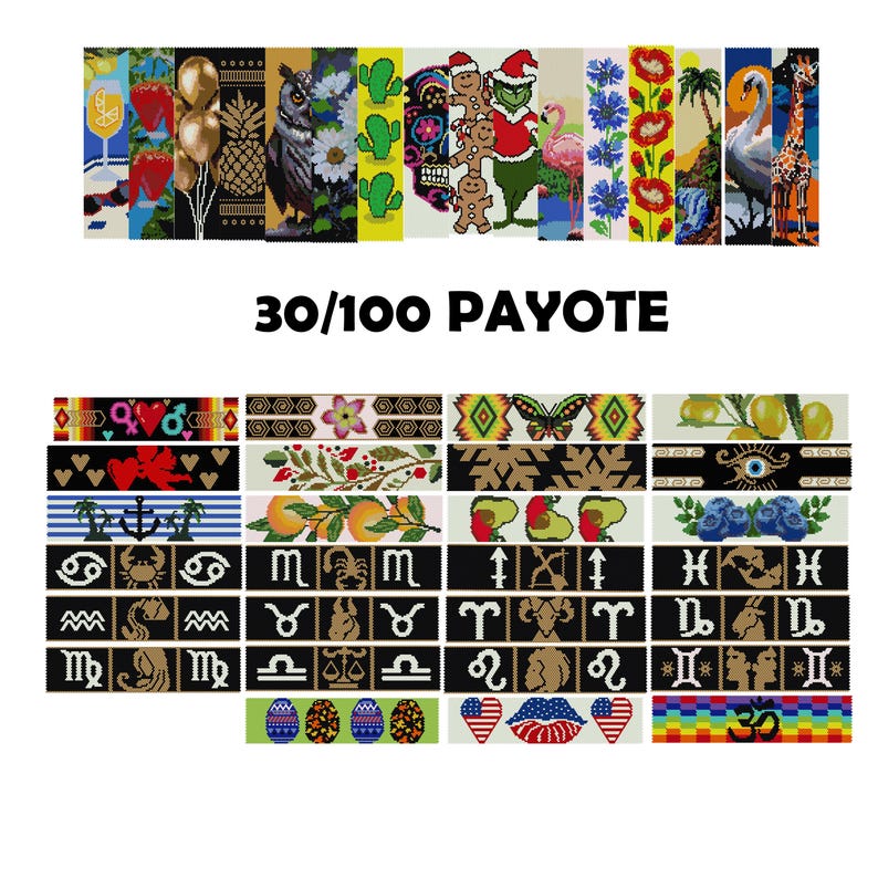 May include: A collection of 30/100 peyote stitch beading patterns featuring various designs, including a pineapple, a skull, a Christmas tree, a butterfly, a heart, an anchor, a crab, a scorpion, a fish, a ram, a bull, a goat, a crab, a lion, a virgin, a scale, a water bearer, an egg, a heart, and a rainbow.