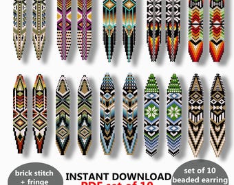 May include: A collection of ten beaded earring patterns in various geometric designs, including brick stitch and fringe styles. The earrings feature a range of colors, including black, white, red, orange, yellow, green, and blue. The image includes the text "INSTANT DOWNLOAD PDF set of 10 beaded earring patterns PDF".