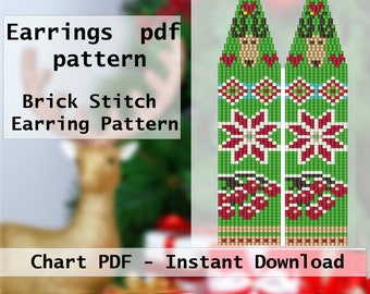 Puede incluir: Un patrón PDF digital para pendientes de punto ladrillo con fondo verde, una cabeza de reno, un copo de nieve rojo y blanco y bayas rojas. El texto dice Earrings pdf pattern, Brick Stitch Earring Pattern y Chart PDF - Instant Download.