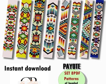 Könnte beinhalten: Satz von acht PDF-Mustern für Perlenarmbänder in verschiedenen farbenfrohen geometrischen Designs. Die Muster sind mit "PAYOTE SET 8 PDF Patterns of beaded bracelets" beschriftet.