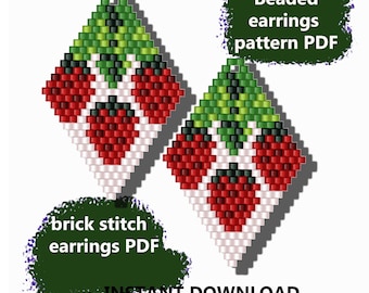 PDF pattern of beaded earrings with bright strawberries "Strawberry meadow" PDF pattern of earrings with strawberries, brick stitch earrings