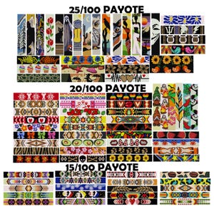 May include: A collection of colorful beaded bracelets in various patterns, including geometric, floral, and animal designs. The bracelets are labeled with the bead count and "Payote" stitch.