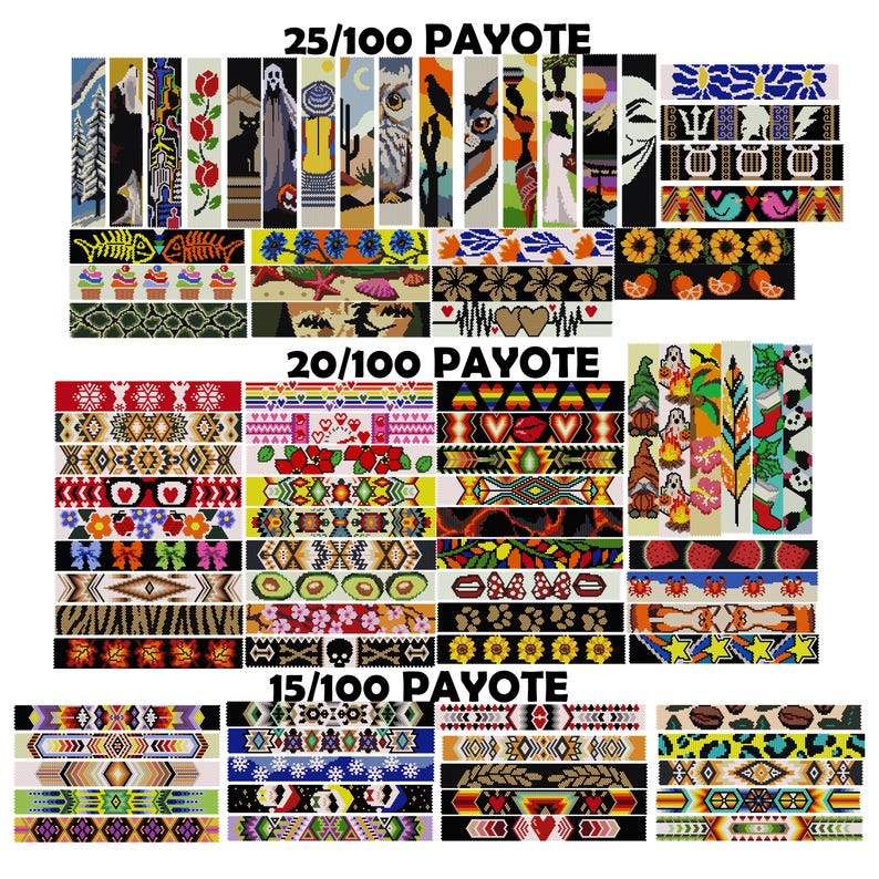 May include: A collection of colorful beaded bracelets in various patterns, including geometric, floral, and animal designs. The bracelets are labeled with the bead count and "Payote" stitch.