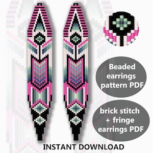 May include: Beaded earrings pattern PDF, brick stitch and fringe earrings PDF. The pattern features a geometric design with pink, white, black, and blue beads.