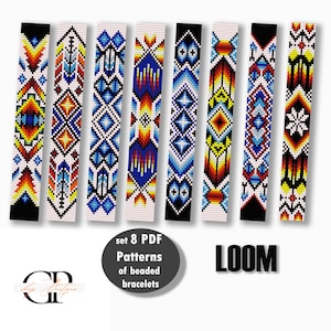 May include: Set of 8 PDF patterns for beaded bracelets, featuring colorful geometric designs in red, blue, yellow, black, and white. The patterns are designed for loom beading. The text "set 8 PDF Patterns of beaded bracelets LOOM" is included in the image.