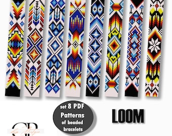 Könnte beinhalten: Set mit 8 PDF-Mustern für Perlenarmbänder mit farbenfrohen geometrischen Designs in Rot, Blau, Gelb, Schwarz und Weiß. Die Muster sind für das Weben auf einem Webrahmen konzipiert. Der Text "set 8 PDF Patterns of beaded bracelets LOOM" ist im Bild enthalten.