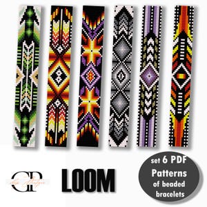 May include: Six beaded bracelet patterns in various colors, including green, red, yellow, purple, and black. The patterns feature geometric and tribal designs. The word "LOOM" is displayed in bold black letters. The image also includes the text "set 6 PDF Patterns of beaded bracelets."