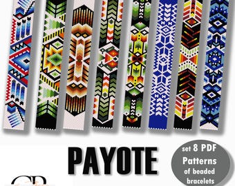 Könnte beinhalten: Ein Set mit acht druckbaren PDF-Mustern für Perlenarmbänder. Die Muster sind farbenfroh und geometrisch und zeigen eine Vielzahl von Farben und Designs. Der Text "PAYOTE" und "Sofortiger Download" ist am unteren Rand des Bildes sichtbar.