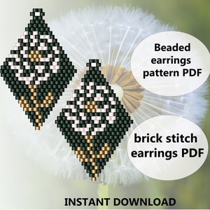 May include: A pair of beaded earrings with a floral design in shades of green, white, and gold. The earrings are made using brick stitch and are available as an instant download PDF pattern.