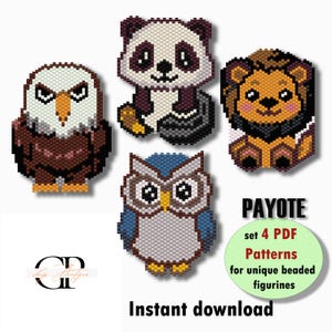 May include: Four beading patterns for creating animal figurines using the peyote stitch. The patterns include an owl, a panda, a lion, and an eagle. The patterns are available as instant downloads.