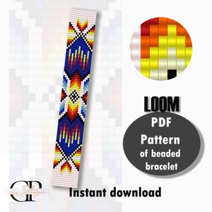 May include: A loom beading pattern for a bracelet with a geometric design in red, orange, yellow, blue, and white. The pattern is shown on a white background with the text "LOOM PDF Pattern of beaded bracelet Instant download".