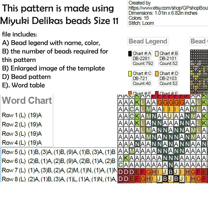 May include: A word chart for a beading pattern using Miyuki Delikas beads size 11. The chart includes a bead legend with color codes, a count of beads needed for each color, and a word table with instructions for each row. The pattern is 1.01 inches by 6.82 inches and uses 15 colors.