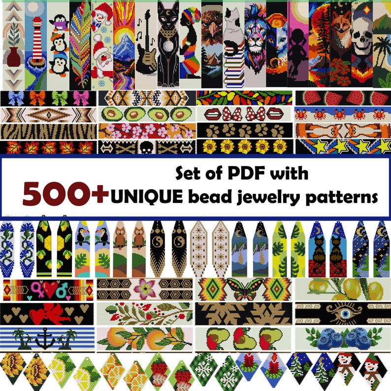 May include: A collage of colorful beading patterns for jewelry. The image includes over 500 unique designs, with a variety of themes, including animals, flowers, geometric shapes, and more. The text "Set of PDF with 500+ UNIQUE bead jewelry patterns" is displayed at the bottom of the image.