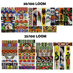 May include: A collection of colorful loom band patterns, including a variety of designs such as animal prints, geometric shapes, and holiday themes. The patterns are labeled "30/100 LOOM" and "25/100 LOOM".