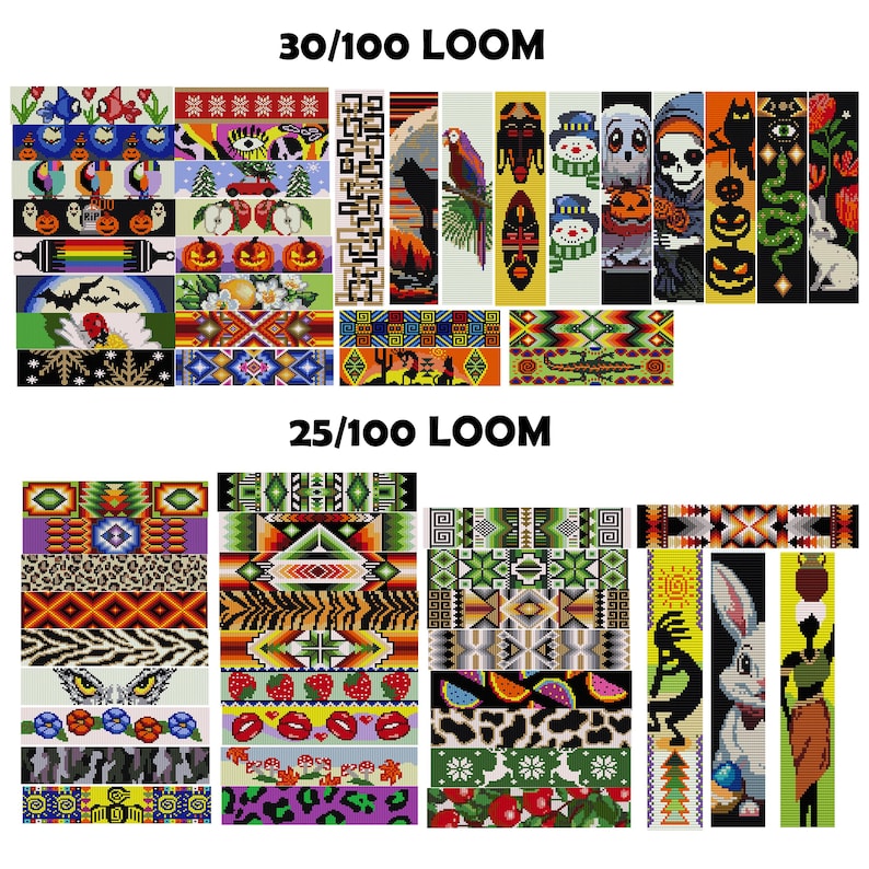 May include: A collection of colorful loom band patterns, including a variety of designs such as animal prints, geometric shapes, and holiday themes. The patterns are labeled "30/100 LOOM" and "25/100 LOOM".