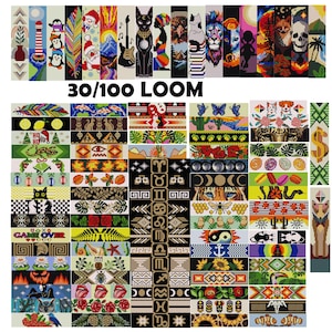 May include: A collection of 30 colorful loom band patterns, including a cat, a skull, a bee, a sunflower, a cactus, a pineapple, a Christmas tree, a lighthouse, a game over sign, a yin yang symbol, and an owl. The text "30/100 LOOM" is displayed at the top of the image.
