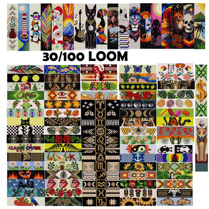 May include: A collection of 30 colorful loom band patterns, including a cat, a skull, a bee, a sunflower, a cactus, a pineapple, a Christmas tree, a lighthouse, a game over sign, a yin yang symbol, and an owl. The text "30/100 LOOM" is displayed at the top of the image.