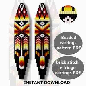 May include: Two beaded earring patterns in a Native American design. The earrings are long and narrow, with a black base and colorful geometric patterns in red, yellow, and white. The text "INSTANT DOWNLOAD" is at the bottom.