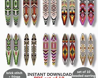 May include: A collection of ten beaded earring patterns in various colors and designs. The earrings feature geometric and abstract patterns in shades of green, red, orange, purple, and black. The image includes text that reads "INSTANT DOWNLOAD PDF set of 10 beaded earring patterns PDF."