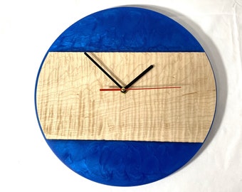 Handmade Fiddleback Maple and Iridescent Blue Epoxy Clock - SILENT Movement.