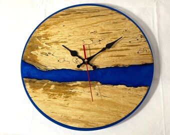 Handmade Spalted Ash and Iridescent Blue Epoxy Clock - SILENT Movement.