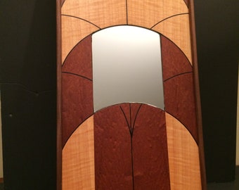 Art Deco style Mirror Wall Hanging - 10.25" x 20.25" - Tiger Maple and Plum Pudding Mahogany. NEW for 2020!