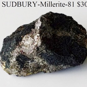 May include: A rough, irregularly shaped rock with a dark, textured surface, interspersed with patches of silver and gold metallic sheen. The rock is labeled "SUDBURY-Millerite-81". The mineral appears to be a specimen of Millerite, a nickel sulfide mineral.