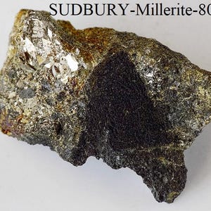 May include: A mineral specimen labeled "SUDBURY-Millerite-80." The rock has a dark, textured surface with patches of shiny, metallic crystals. The colors range from dark gray and black to gold and silver.