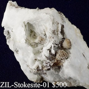 Op de afbeelding: Een witte, ruwe steen met een cluster van bruine en grijze kristallen. De steen heeft een grote holte in het midden.  BRAZIL-Stokesite-01 $500