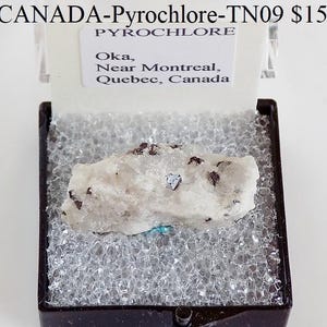 May include: A mineral specimen of Pyrochlore from Oka, Quebec, Canada, presented in a black display case. The mineral is a light-colored rock with dark brown and blue inclusions. The text "CANADA-Pyrochlore-TN09" is visible.