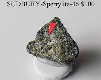 May include: A rough, irregularly shaped rock with a speckled green and gray appearance, possibly a mineral specimen. A small red marker is attached to the top. The rock rests on a white, rounded base. Text at the top reads "SUDBURY-Sperrylite-46".