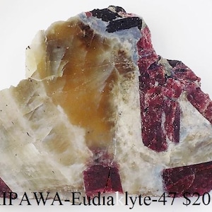 Op de afbeelding: Een ruw, onregelmatig gevormd mineraal specimen met een mix van kleuren. De steen heeft witte, bruine en dieprode gebieden, met een ruw, getextureerd oppervlak. De tekst "KIPAWA-Eudialyte-47" is zichtbaar.
