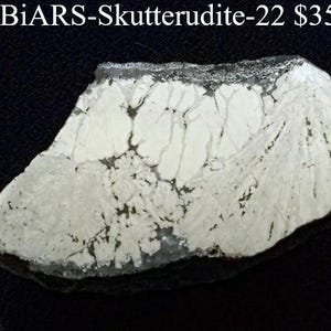 Può includere: Un pezzo di minerale Skutterudite-22 con un motivo bianco e grigio. Il minerale ha una forma ruvida e irregolare e un bordo grigio scuro. Il testo "BiARS-Skutterudite-22" è visibile nella parte superiore dell'immagine.