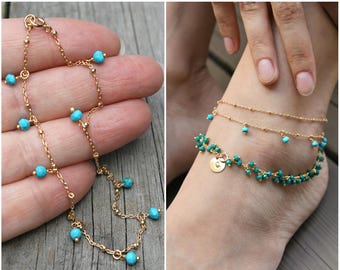 Turquoise anklet, ankle bracelet, beaded foot chain, 14k gold filled satellite chain, wire wrapped genuine turquoise beads, layering anklet