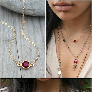 Birthstone necklace, 14k gold filled necklace, January July Ruby Siam Swarovski, layering necklace, red stone, minimal, tiny mini necklace