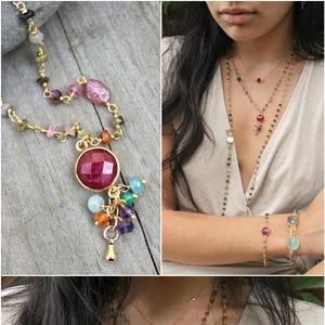Gemstone necklace, dyed Ruby & Multi Tourmaline beaded rosary chain, red, green, purple, multi color, OnThisEarh