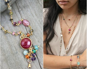 Gemstone necklace, dyed Ruby & Multi Tourmaline beaded rosary chain, red, green, purple, multi color, OnThisEarh