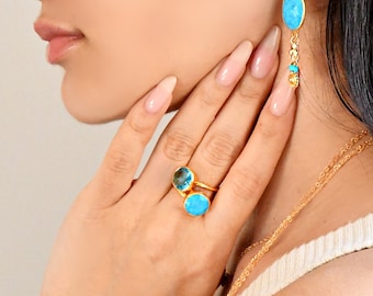 Gold vermeil ring, turquoise, aquamarine, moonstone or labradorite, gemstone statement ring, size 6, 7, 8. 925 sterling silver base