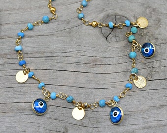 Evil Eye Turquoise necklace, blue glass charms & tiny gold coins on beaded gemstone rosary turquoise chain, Bohemian jewelry, gift for her