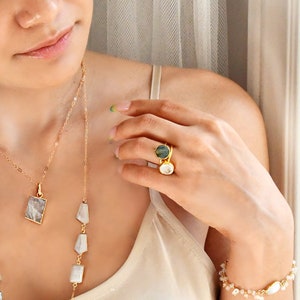 Gold vermeil ring, turquoise, aquamarine, moonstone or labradorite, gemstone statement ring, size 6, 7, 8. 925 sterling silver base