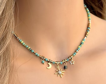 Turquoise necklace, beaded turquoise and green aventurine, gold star, moon, starburst, dainty beaded necklace, blue, green, gold, celestial