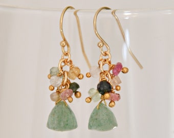Aquamarine earrings, genuine green-blue gemstone, dangle, Multi Tourmaline beads, 14k gold filled french ear wires, hooks, gift for her