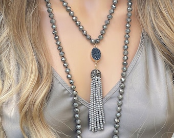 Extra Long grey crystal bead necklace with beaded tassel & Druzy stone, knotted chain, Pavé cubic zirconia stones, grey, gold, gift for her