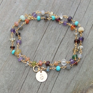 Multi gemstone bracelet, wrap bracelet, personalized initial disc, circle tag,letter monogram, turquoise onyx amethyst rosary bead chain