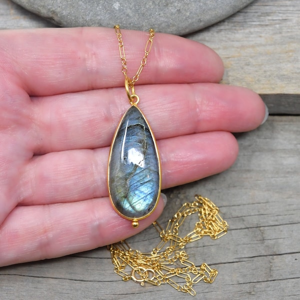 Labradorite necklace, genuine large gemstone teardrop pendant, 14k gold filled, cable satellite Figaro chain, grey blue, long, gift for her