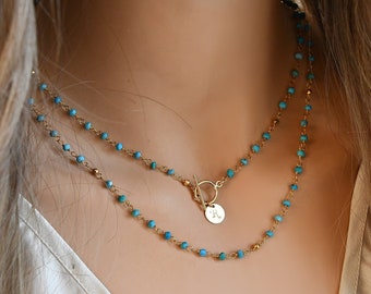 Turquoise necklace, 14k gold filled toggle clasp, initial disc, long personalized, beaded, turquoise & gold pyrite beads, gift for her