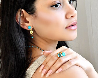 Gold vermeil ring, turquoise, aquamarine, moonstone or labradorite, gemstone statement ring, size 6, 7, 8. 925 sterling silver base