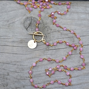 Long pink tourmaline necklace, layered, 14k gold filled personalized initial disc, toggle clasp, beaded genuine gemstone chain, gift for her