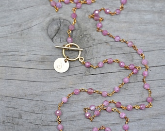 Long pink tourmaline necklace, layered, 14k gold filled personalized initial disc, toggle clasp, beaded genuine gemstone chain, gift for her